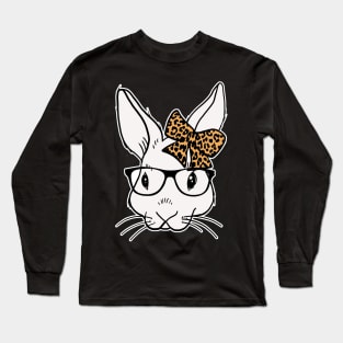 Bunny glasses leopard ribbon happy easter 2021 Long Sleeve T-Shirt